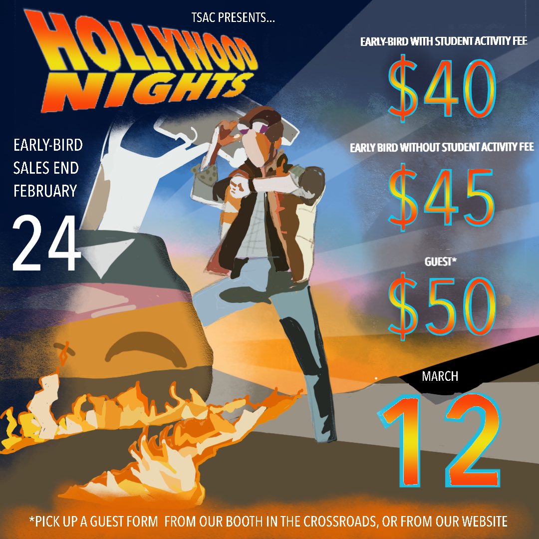 IT’S TIME FOR OUR ANNUAL SEMI- FORMAL!!! This years theme is HOLLYWOOD NIGHTS! Early-bird tickets for our Semi-Formal, happening MARCH 12, are purchasable on SCHOOL CASH ONLINE for $40 for those who have paid their Student Activity Fee, and $45 for those who have not!