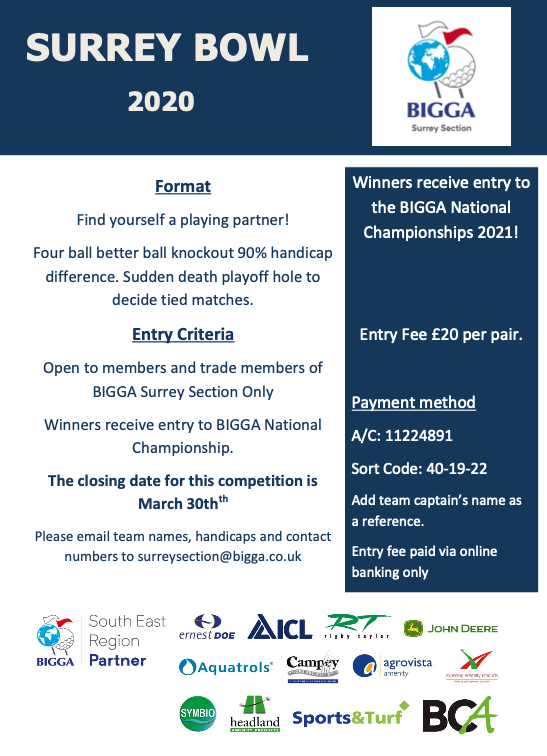 Entry to the Surrey Bowl is now open. Send entries with players names, handicaps and a contact number to surreysection@bigga.co.uk Payment details are on the flyer. The draw will be announced shortly after the closing date. Good Luck!!