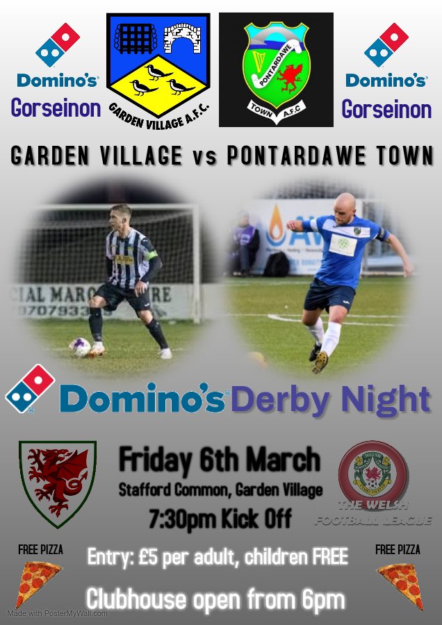 GardenVillage12's tweet image. 🍕🍕ANNOUNCEMENT🍕🍕
Just over two weeks to go until our local derby v @PontardaweTown 
We are pleased to announce that @Dominos_UK Gorseinon will sponsor the game. 
The “Dominos Derby” night under the lights on Friday 6th March, 7:30pm ko #OfficialPartners #ContinuedSupport 1/2