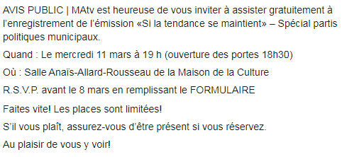 MAPelletier86's tweet photo. #SiLaTendanceSeMaintient - Édition spéciale partis politiques municipaux | LE FORMULAIRE POUR S'INSCRIRE --> https://t.co/wbr8fbYTz2 #polmun #polmunTR #troisrivieres #MAtv #SLTSM https://t.co/iooQJQRZ0b