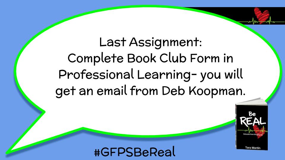 JessieRErickson's tweet photo. Your final assignment: Complete Book Club Form in Professional Learning– you will get an email from Deb Koopman. #GFPSBeReal https://t.co/3Qg8FHM6DM