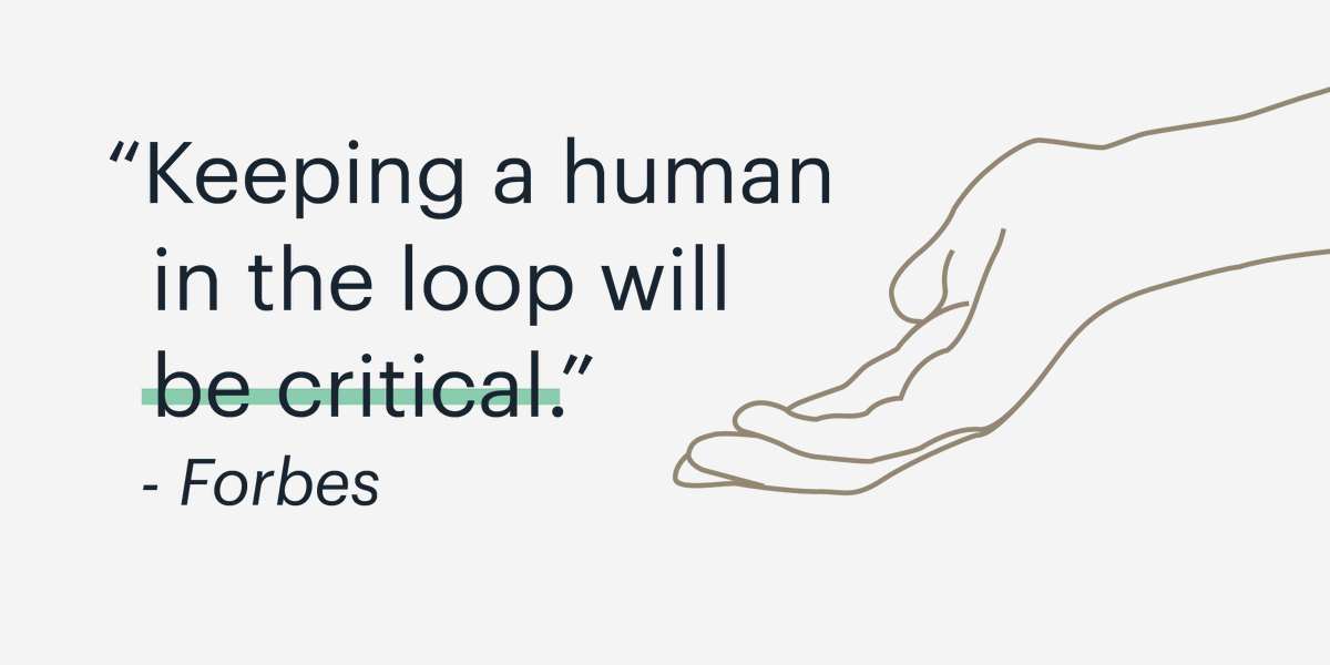 OneReach's tweet photo. Forbes says, "keeping the human in the loop will be critical." Humans in the loop can shorten AI implementation-times by supplementing AI's knowledge and skills. Read Forbes' 5 Digital Transformation Trends for 2020: https://t.co/ExnTSFs3VG #ai #cx #conversationtools https://t.co/5ocE1o5RJJ