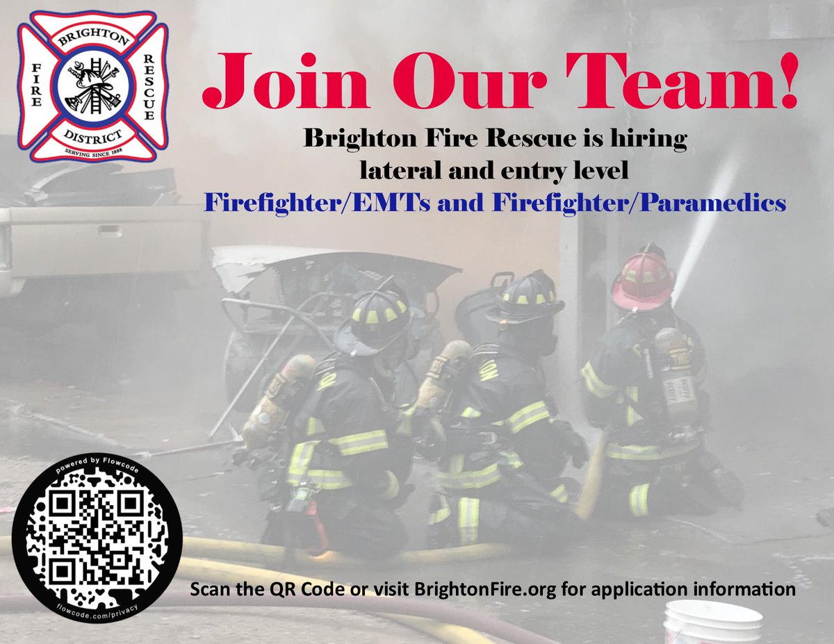 We're hiring lateral and entry level Firefighter/EMTs and Firefighter/Paramedics. Visit our website for application info: brightonfire.org/information/em…