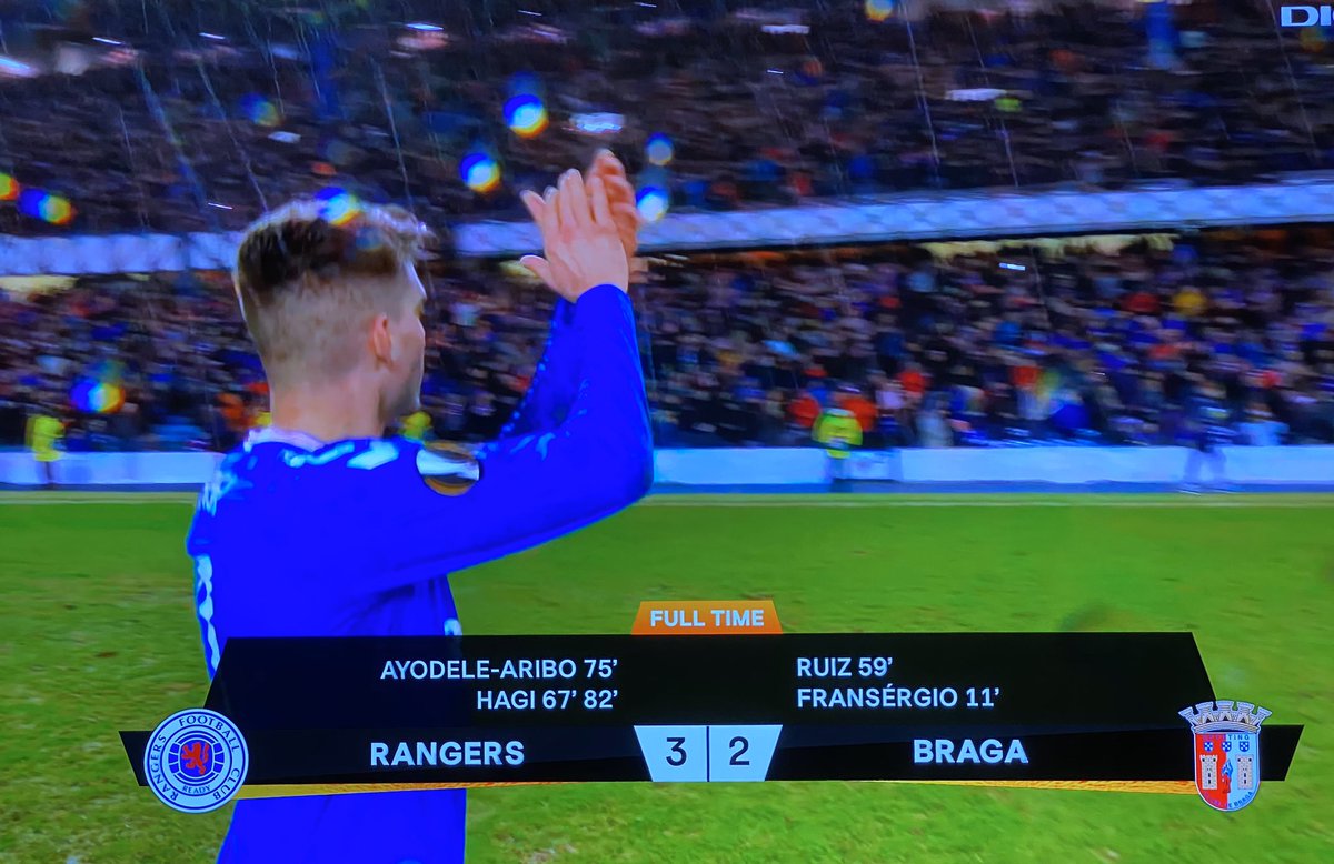 Ce meci a facut Ianis! 2 goluri, 3 pase incredibile (Morelos a dat-o in pom de fiecare data). <a href="/RangersFC/">Rangers Football Club</a> a revenit de la 2-0 cu Braga. Gica Hagi, in tribune. Mandru, ca orice tata. Bravo! #UEFAEuropaLeague