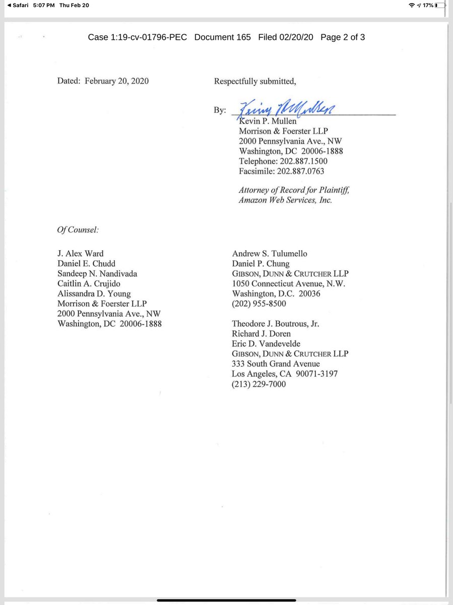 It not unexpected news.Notice of Providing Security BOND in the amount of $ $42,000,000.00, filed by AMAZON WEB SERVICES, INC, pursuant to the February 13, 2020 Court Order & preliminary injunctionPaywall https://ecf.cofc.uscourts.gov/doc1/01513625310