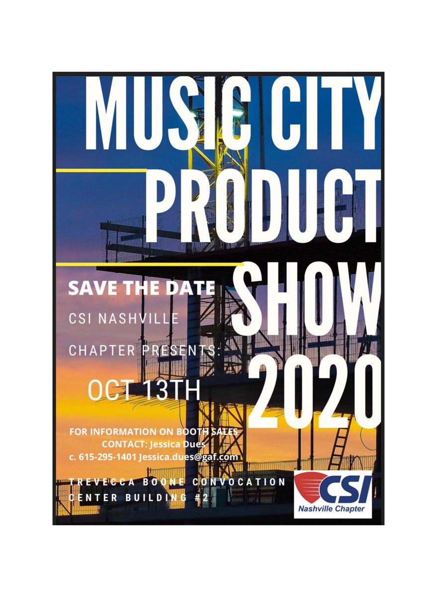 Save the date! CSI Nashville presents our 2020 Music City Product Show on Oct 13th! We will keep you posted but mark your calendars so you don’t miss out on a day full of seminars, networking and free food!!