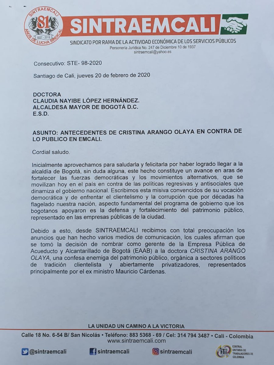 Jhonitrejos's tweet photo. Dra. .@ClaudiaLopez, se afirma que está considerando nombrar como gerente de EAAB a Cristina Arango, de ser así,  se estaría configurando un atentado en contra de empresa, trabajadores y comunidad, desde @sintraemcali  rechazamos esta posibilidad, invitamos a revisar antecedentes https://t.co/MKrmzNB8vc