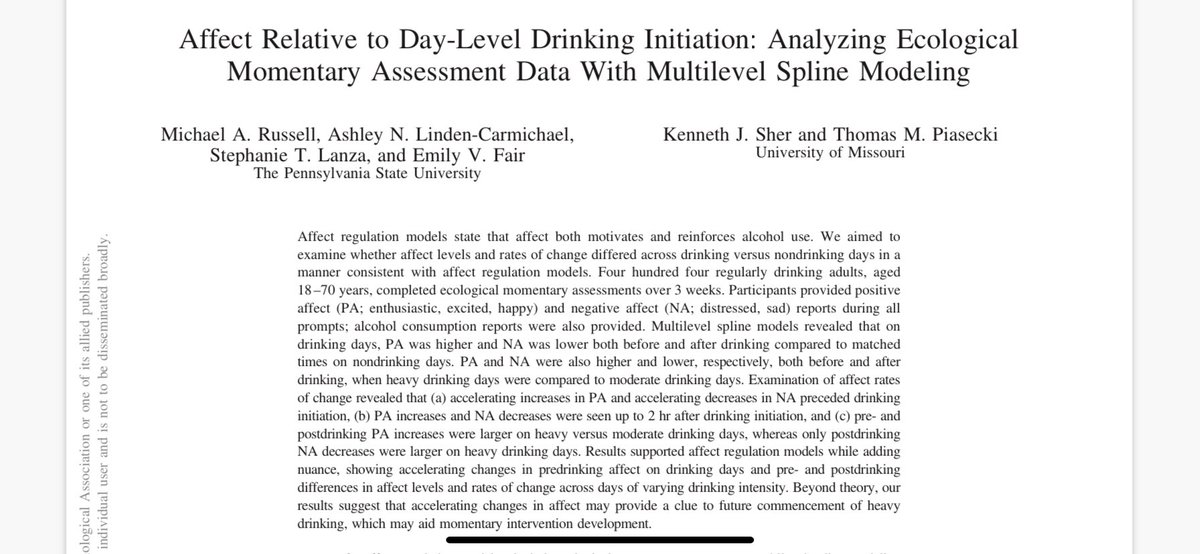SudsUse's tweet photo. Really cool article by @MikeRussell5 and colleagues on #AffectRegulation across #drinking and non-drinking days using #EMA. #PositiveAffect was found to be higher and #NegativeAffect was lower both before and after drinking compared to non-drinking days. #Alcoholresearch https://t.co/lhu8TiW2Oi