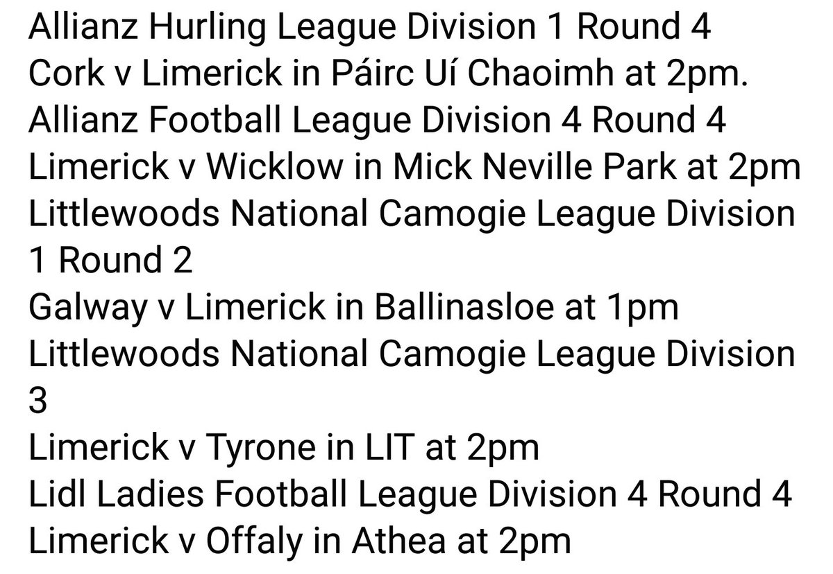 Matt O'Callaghan (@mattocall) on Twitter photo Huge Sunday of League action for Limerick teams
<a href="/LimerickCLG/">Limerick GAA</a> <a href="/LimCamogie/">Limerick Camogie</a> <a href="/LKLadiesGaelic/">LimerickLadiesGaelic</a> Huge Sunday of League action for Limerick teams
<a href="/LimerickCLG/">Limerick GAA</a> <a href="/LimCamogie/">Limerick Camogie</a> <a href="/LKLadiesGaelic/">LimerickLadiesGaelic</a>