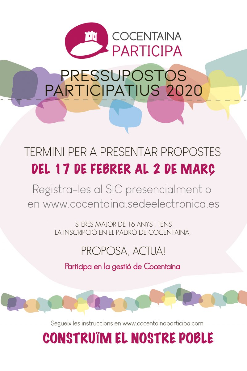 📢 L'Ajuntament de #Cocentaina ha llançat una nova convocatòria dels Pressupostos Participatius amb la qual podreu decidir els projectes que voleu que es facen al poble. Animeu-vos a participar!!

👉 Tota la informació la trobareu a: cocentainaparticipa.com