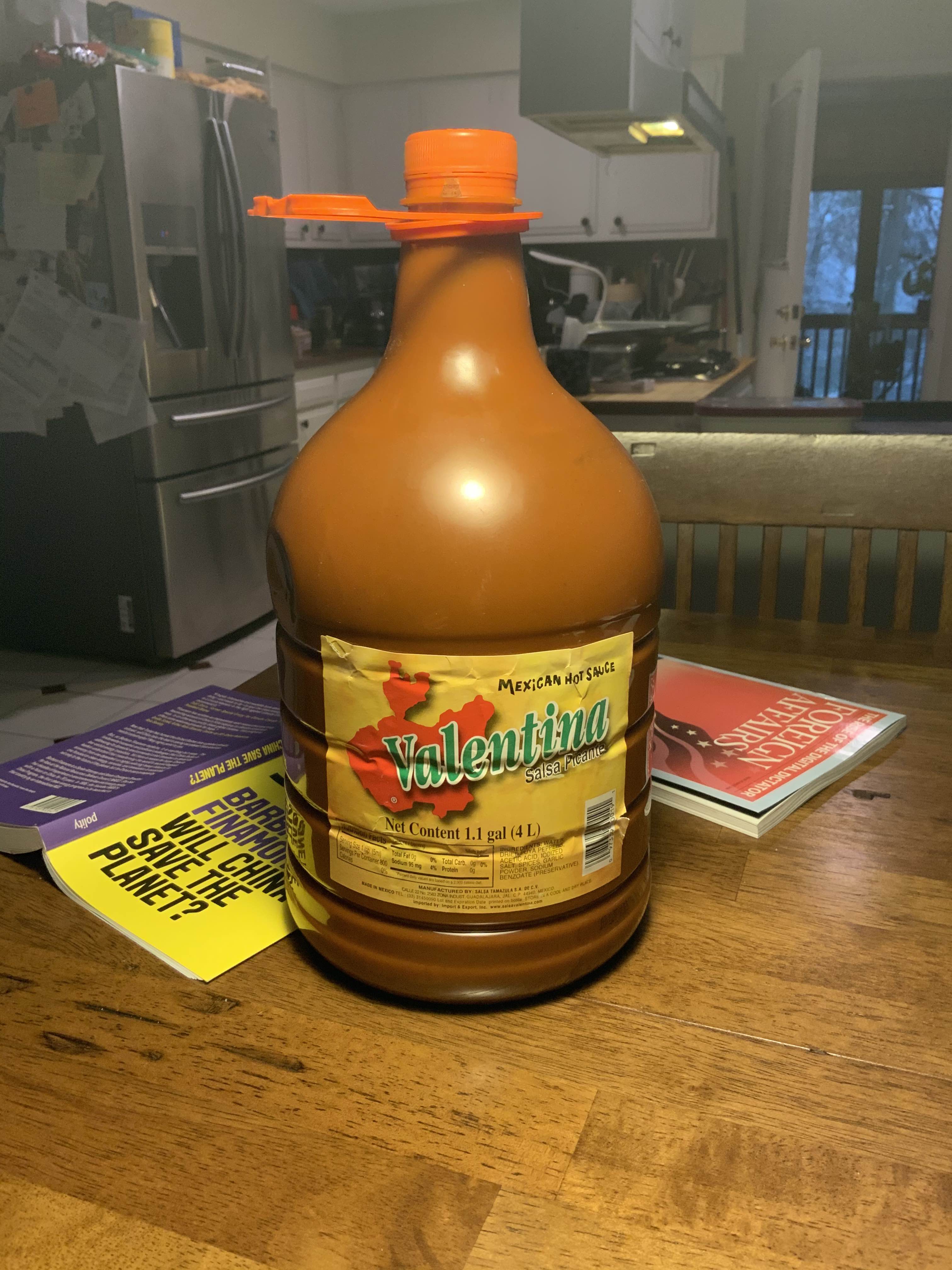 Kaiser Kuo on X: @CamFreck @AnnaGHughes You must find a way to get some.  Or there's always Valentina, which is comparable to Cholula. I bought this  1.1 gallon (4 liter) bottle of