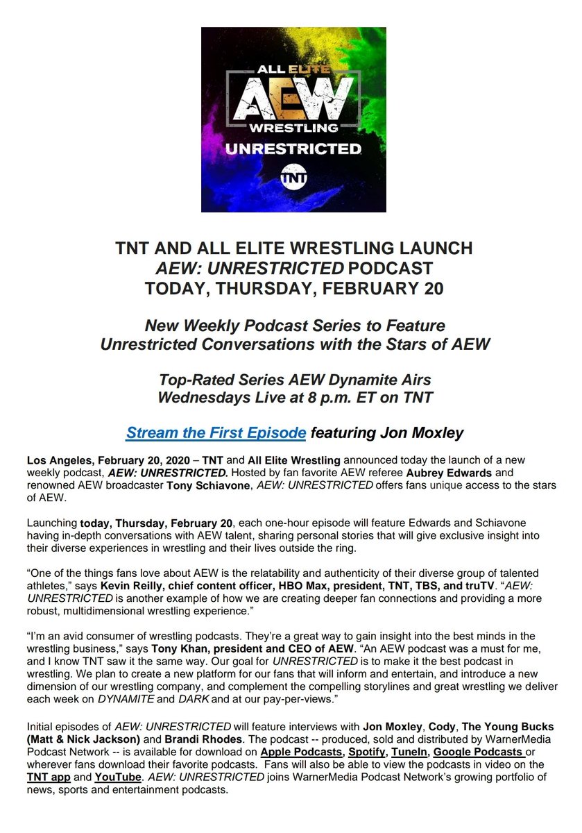 ICYMI, @AEWrestling launched a podcast today, and I co-host alongside my BFF <a href="/tonyschiavone24/">Tony Schiavone</a>! Check out  #AEWUnrestricted for free wherever you get your podcasts! New episodes will come at yah every Thursday, and today we kick it off with none other than <a href="/JonMoxley/">Jon Moxley</a>!
