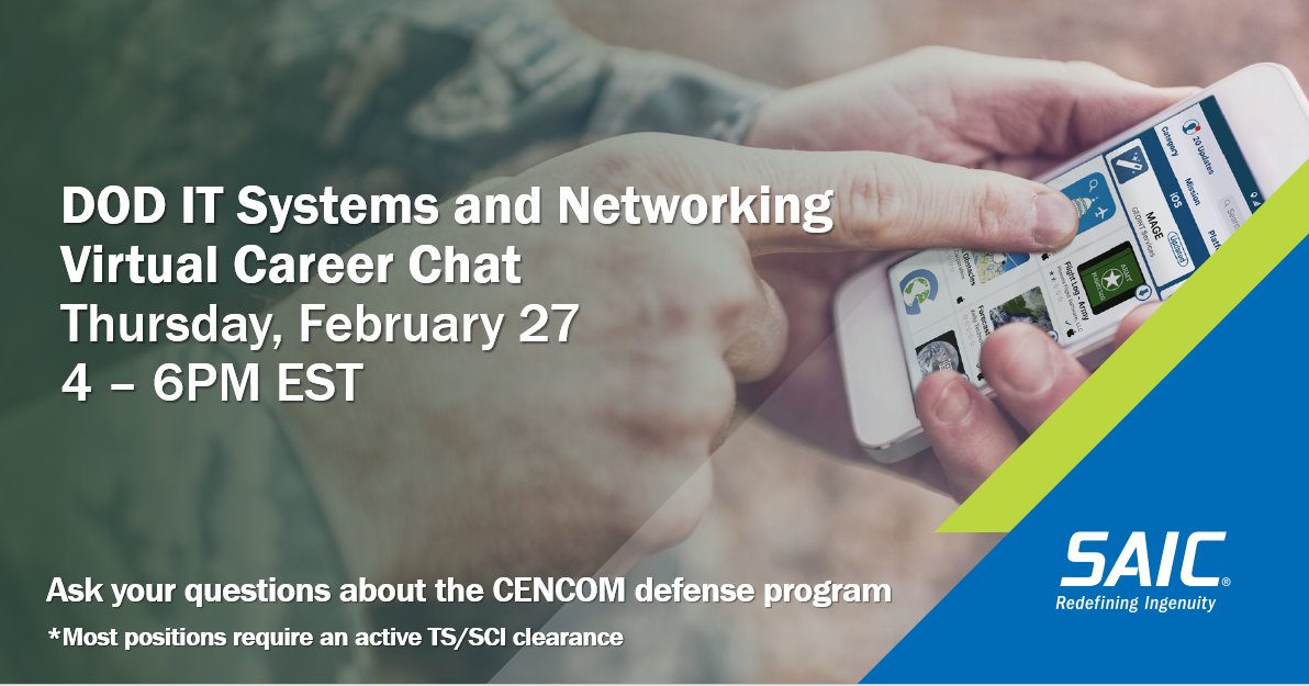 SAICjobs's tweet image. Text directly with the @SAICinc hiring team from your computer or phone! We’re hiring #SystemAdmins, #Analysts and #Engineers to support #NationalSecurity work in #Tampa, #Florida. 

Easy sign up here: app.brazenconnect.com/events/kllWsb?…

Join any time during the chat!