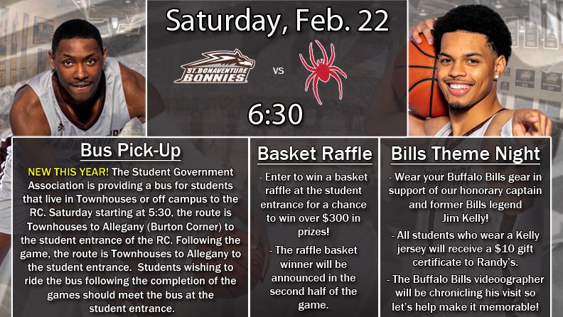 SBU_External's tweet photo. It's Go Time Again Wolf Pack! This Saturday your 4th place #Bonnies take on the 3rd place Spiders in the BIGGEST game of the season! (so far) 

➡️Get out your Bills gear as we will be joined by a very special guest! #Unfurl @TeamBonas @SBUCAB @SBU_Recreation @SBU_SGA
@stbonacheer https://t.co/yIbz5fWMJw