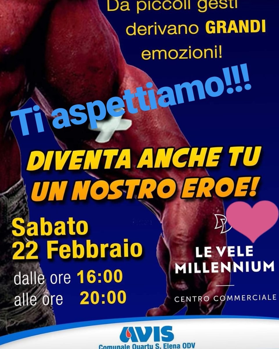 AvisQuartu's tweet photo. Da piccoli gesti derivano grandi Emozioni. Sabato 22 ti aspettiamo insieme a parenti amici per un donazione di #vita #donailsangue  @VeleeMillennium @AVISxLaVITA https://t.co/PdiBQttVp1