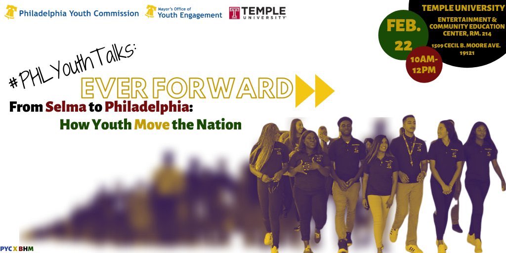 The Philadelphia Youth Commission is hosting its first #PHLYouthTalks of the year in honor of #BlackHistoryMonth.
The topic: how youth helped to shape the Civil Rights Movement, and sharing information on how to organize around issues you care about. secure.everyaction.com/aACSn4AkIk252Y…