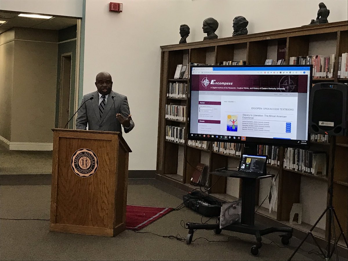 ekupresident's tweet photo. Such a wonderful example of @EKU focusing on access and affordability with the FIRST free and open access textbook for African American Studies. A first of its kind anywhere! Thank you to all who were involved in making this happen. #EKUOpen #OA https://t.co/qVSxyI0uj4