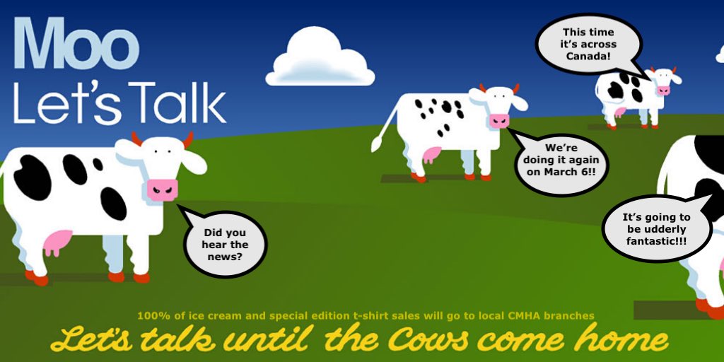Moo Let’s Talk is back and this year we’re making it bigger than ever by opening it up to all Canadian COWS locations!

On Friday, March 6th 100% of ice cream and special edition t-shirt sales will go to local CMHA branches. Let’s talk until the cows come home🐄⁣

#MooLetsTalk⁣