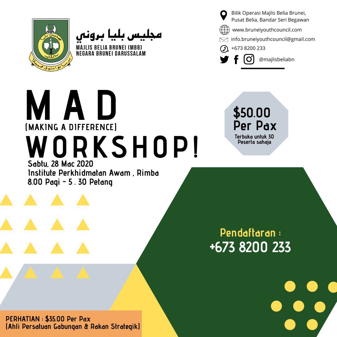 MajlisBeliaBN's tweet photo. #MajlisBeliaBrunei will be conducting a MAD Workshop to those who are MADLY in love in making difference! Register now while slots are still available.
N.B.: Limited seats only.
#brunei #MADworkshop https://t.co/JoyrrJ3cMz