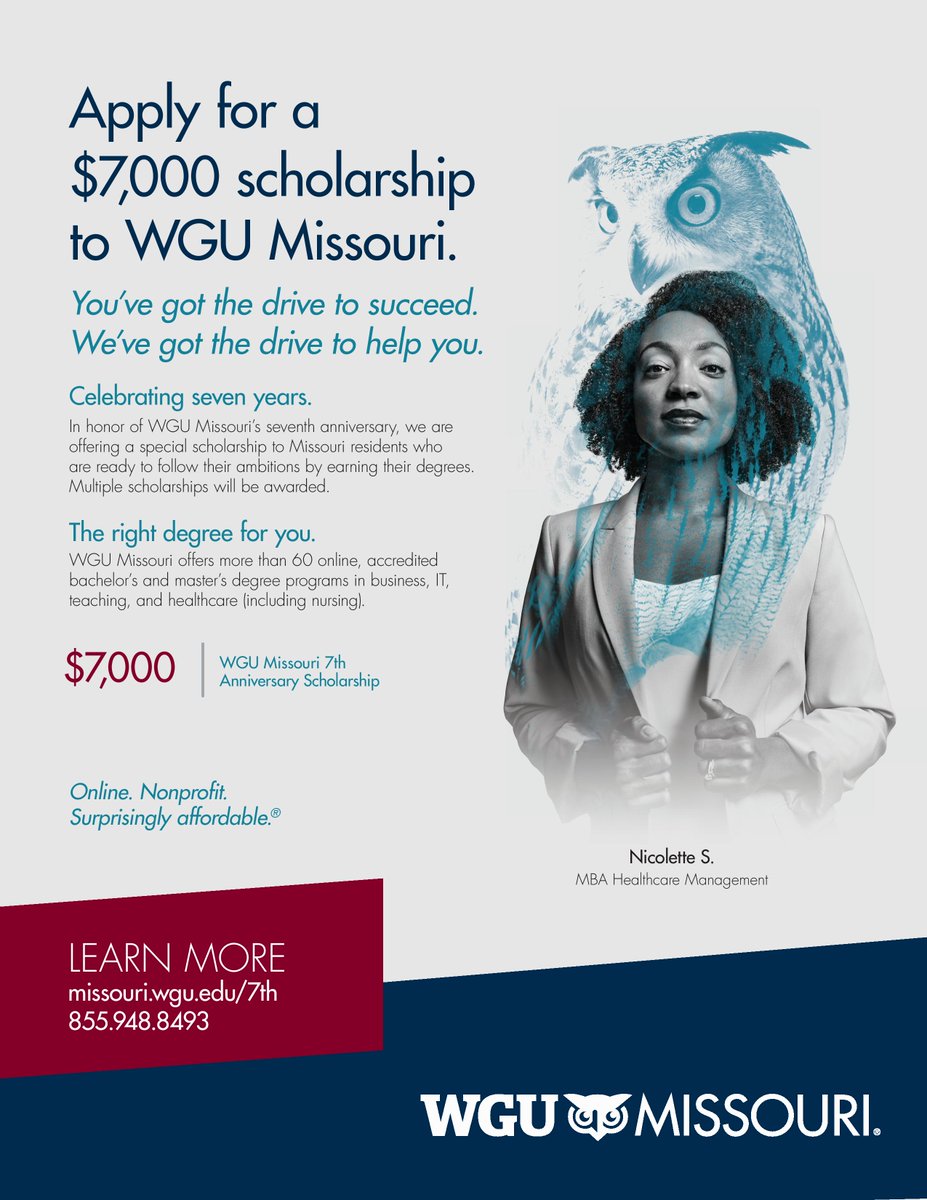 WGUMissouri's tweet photo. In honor of WGU Missouri’s seventh anniversary, we are offering a special scholarship to Missouri residents who are ready to follow their ambitions by earning their degrees. Learn more: https://t.co/cwgxcsfgBx https://t.co/revR5hBJAo