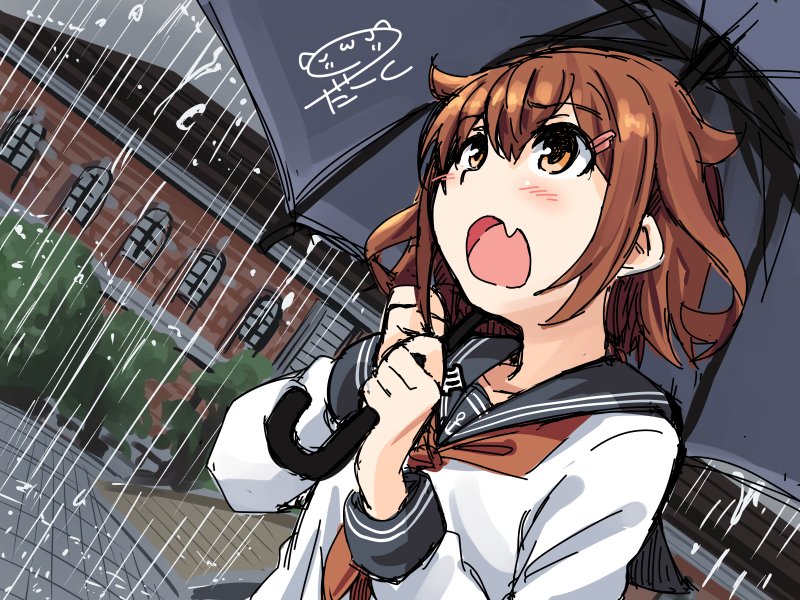 雷(艦これ) 「雨の雰囲気は好きだけど雨は嫌い( ˘ω˘ )φ 」|だーく＠お絵描きのイラスト