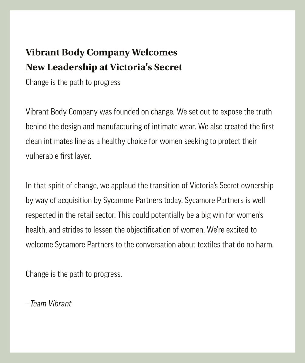 Vibrant_Body's tweet photo. A letter from Team Vibrant—"Vibrant Body Company Welcomes New Leadership at @VictoriasSecret"—read in full below. #SycamorePartners https://t.co/zUzrgJeEPz