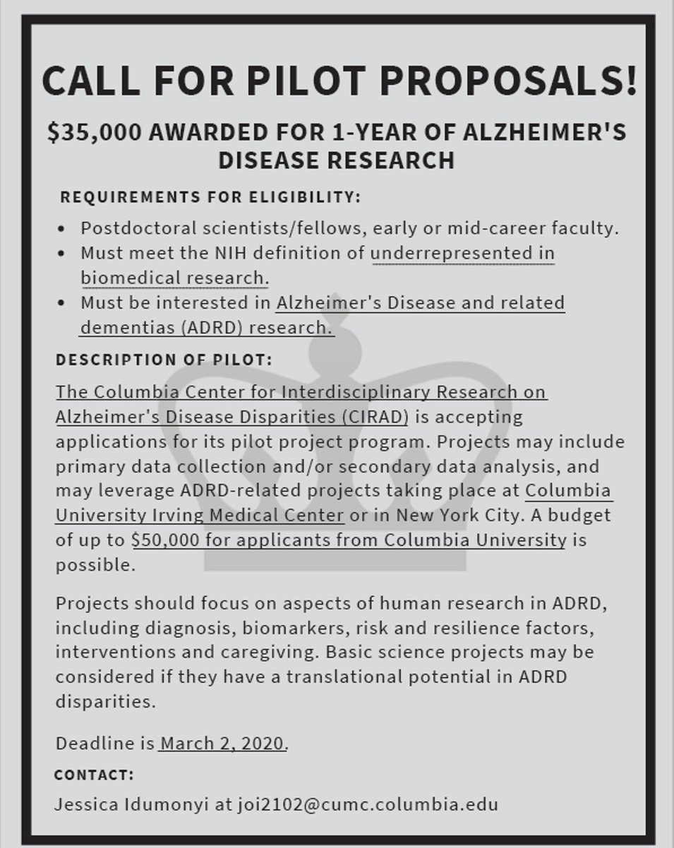 Underrepresented minority #PostDoc #midcareer #earlycareer stage at @columbia would be awarded $50,000 for 1-year pilot for Alzheimer’s research. Proposals due 3/2! Pls #RT <a href="/CUPostdocs/">CU Postdoc Society</a> <a href="/Columbia/">Columbia University</a>MSPH <a href="/ColumbiaMed/">Columbia Medicine</a> <a href="/columbiaimaging/">Columbia Radiology</a> <a href="/columbiaradres/">Columbia Radiology Residents</a> <a href="/ZuckermanBrain/">Columbia University's Zuckerman Institute</a> <a href="/ColumbiaUrology/">Columbia Urology</a>