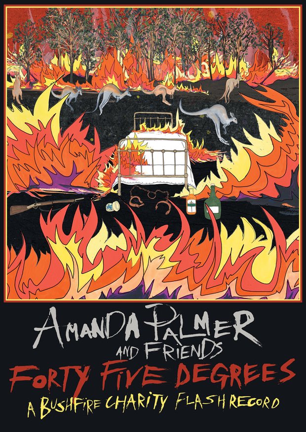 amandapalmer's tweet photo. “FORTY-FIVE DEGREES: a bushfire charity flash record” is out. 

featuring 7 australian covers, a new song by me and special guests brian viglione (@DresdenDolls), @missyhiggins, @actualmontaigne, @jherekbischoff, fred leone &amp; @ClareBowditch. all info here:
https://t.co/7ns8sEdjfS https://t.co/jMbDA57mDC