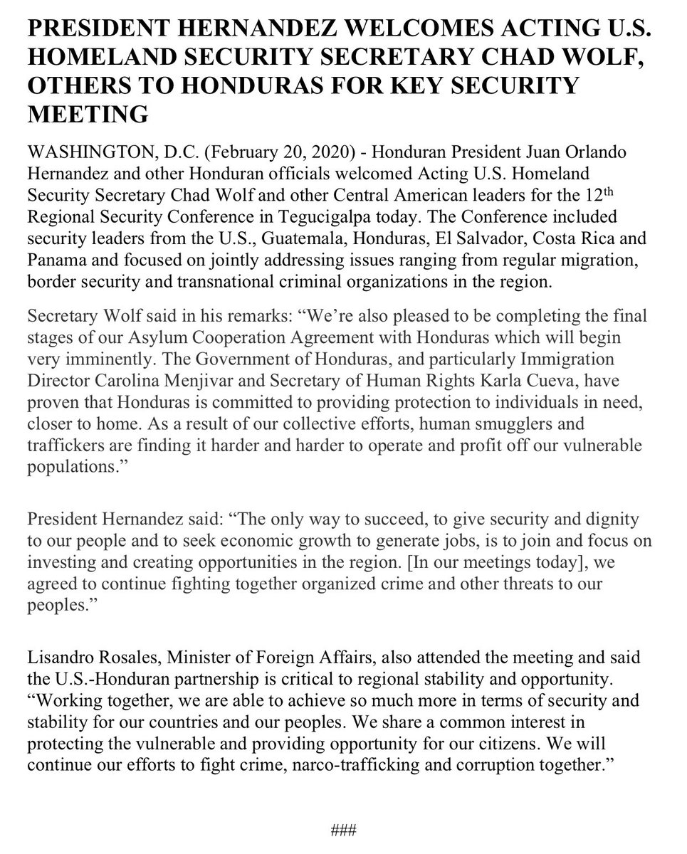 Today President <a href="/JuanOrlandoH/">Juan Orlando Hernández</a> welcomed Acting Secretary of Homeland Security <a href="/DHS_Wolf/">Acting Secretary Chad Wolf</a>, as well as other Central American leaders to #Honduras for the 12th Regional Security Conference. 

Read more about it here 👇🏼