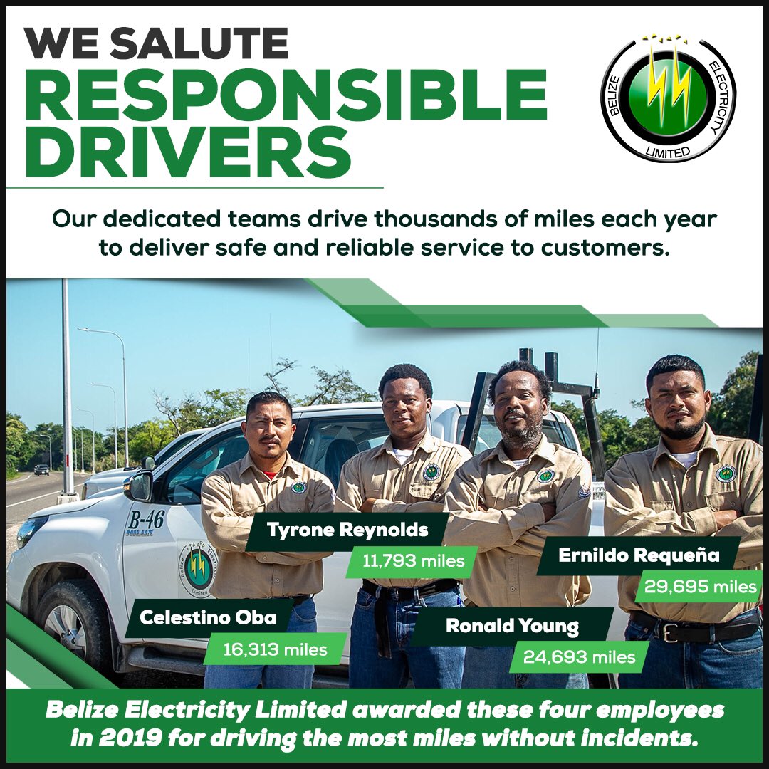 BelizeElectric's tweet photo. We salute our dedicated teams who drive thousands of miles each year to deliver safe and reliable service to our customers #SafetyFirst https://t.co/STEeCtIoNg