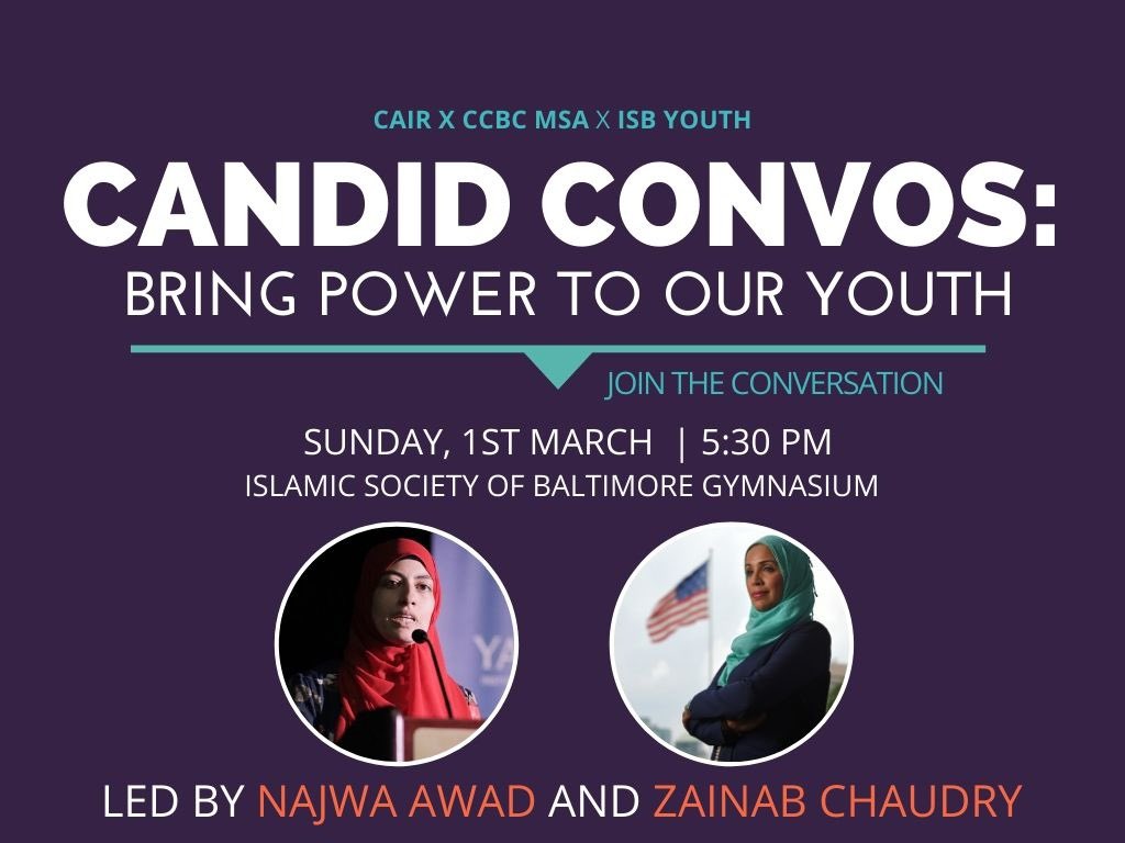 ISBMIST's tweet photo. Candid Convos, a new series in collaboration with @CAIRNational , CCBC MSA, @ISBYouthGroup and many more MSA’s. There will be an open discussions about the battle of Islamophobia, and how to encourage and empower our Muslim youth. Hope to see you all!!!
#teamisb https://t.co/MtN6AVlHYe
