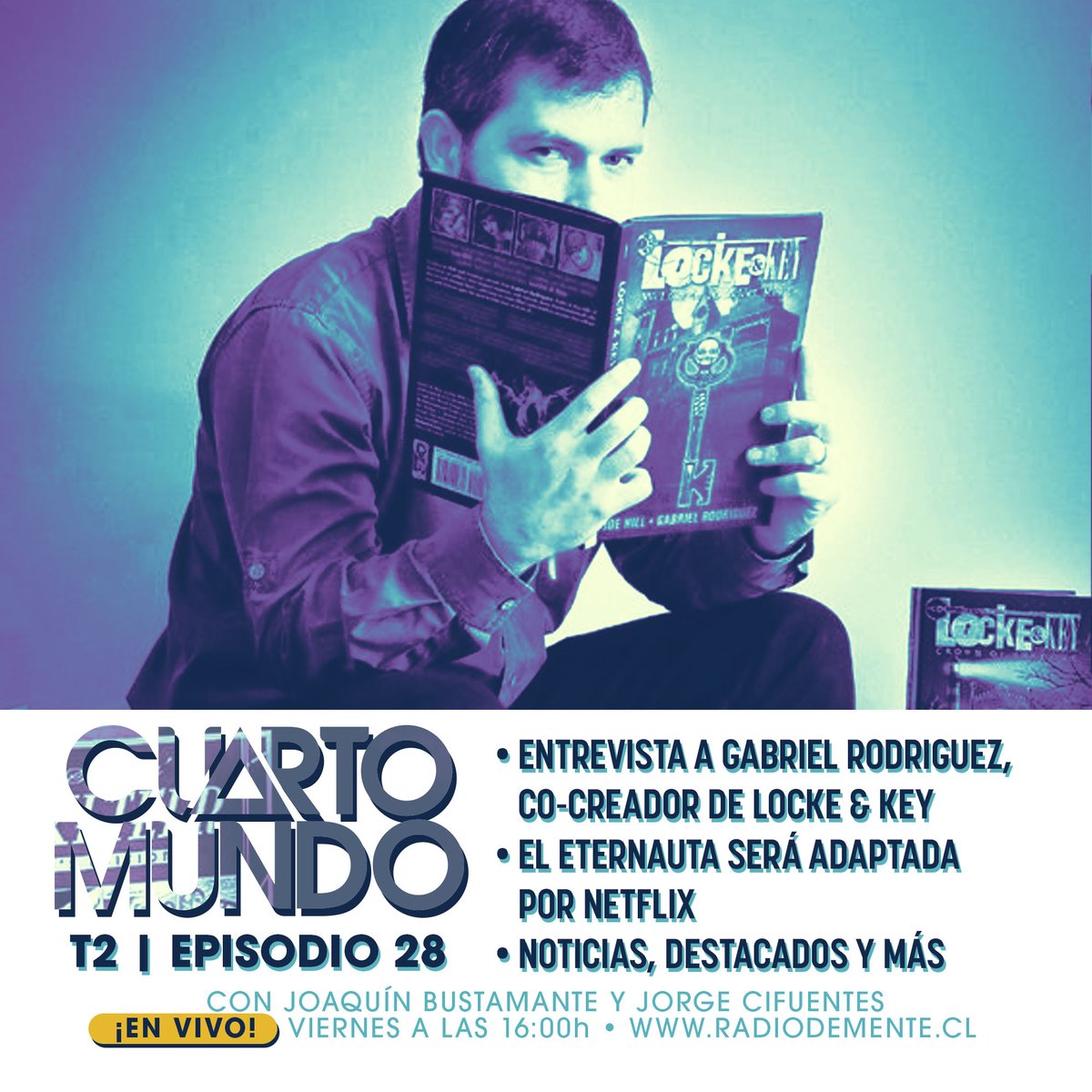 CuartoMundoCL's tweet photo. Mañana entrevistaremos a Gabriel Rodriguez @GR_comics, artista chileno, co-creador de Locke&amp;Key y autor completo de Sword Of Ages, en vivo por https://t.co/IjYl2h6PXf 😀.
Déjanos tus preguntas para hacerlas al aire.
Recuerda a las 4PM en vivo por https://t.co/IjYl2h6PXf https://t.co/N6ctuMMbeM
