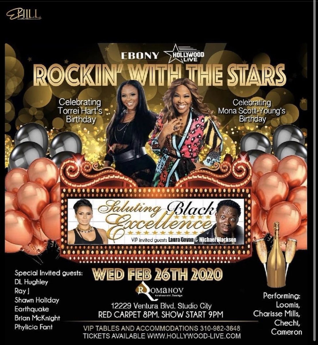 Catch me performing at the Hollywood Live Presents Rockin With The Stars February 26th in Studio City hosted by <a href="/MichaelBlackson/">Michael Blackson</a> and <a href="/LauraMGovan/">Laura Govan</a> with special birthday celebrations for <a href="/Torrei_Hart/">Torrei Hart 👑</a> and <a href="/MonaScottYoung/">Mona Scott-Young</a> along with Charise Mills, Chechi, Cameron and more...