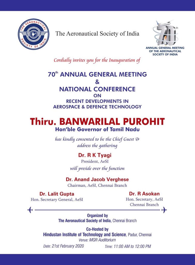 70th AGM-Aeronautical Society of India & National Conference on 'Recent Developments in Aerospace & Defence Technology' hosted by HITS on 21 & 22 Feb. 2020. 
#AeSI_70_AGM #AeronauticalSocietyofIndia #Aviation @kcgaero