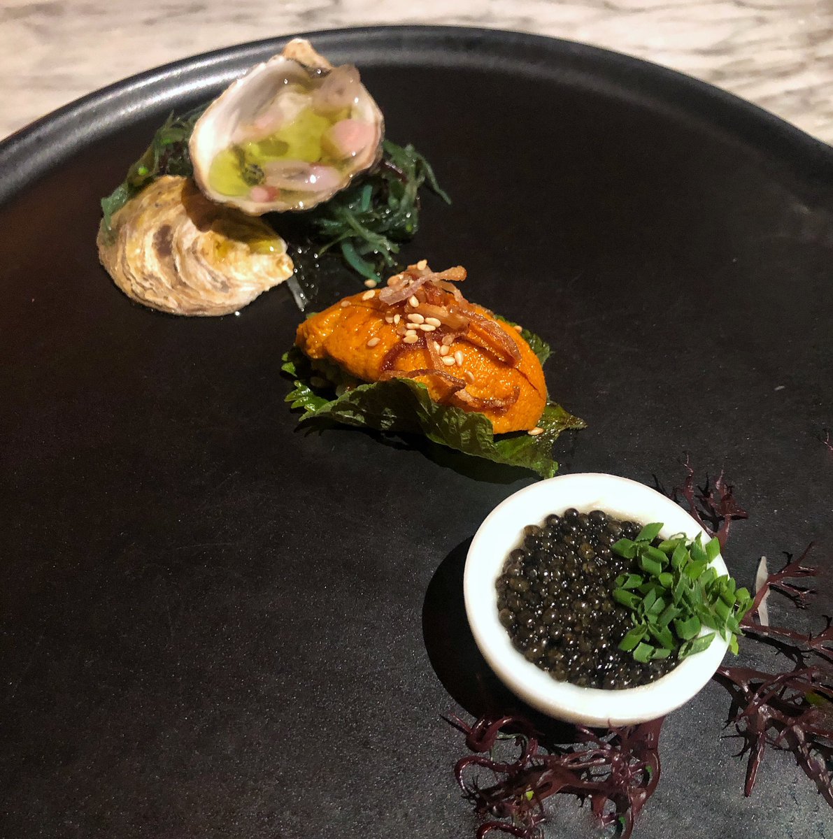 A sneak preview for our #Mezcal dinner this upcoming Monday! This is our 3-bite 1st course paired with Neta Spirit’s #Espadin: #kusshi #oyster with spring garlic duo, #uni with shisho jade rice and white sturgeon #caviar “#eggsinabasket.” We can’t wait!!! 😍