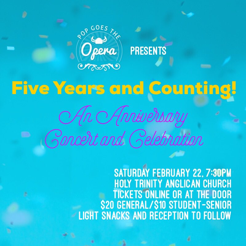 It’s celebration time! Join us this Saturday as we toast 5 awesome years of indie opera in #Yeg ! #yegarts #yegmusic #yegopera #yegtheatre eventbrite.ca/e/five-years-a…