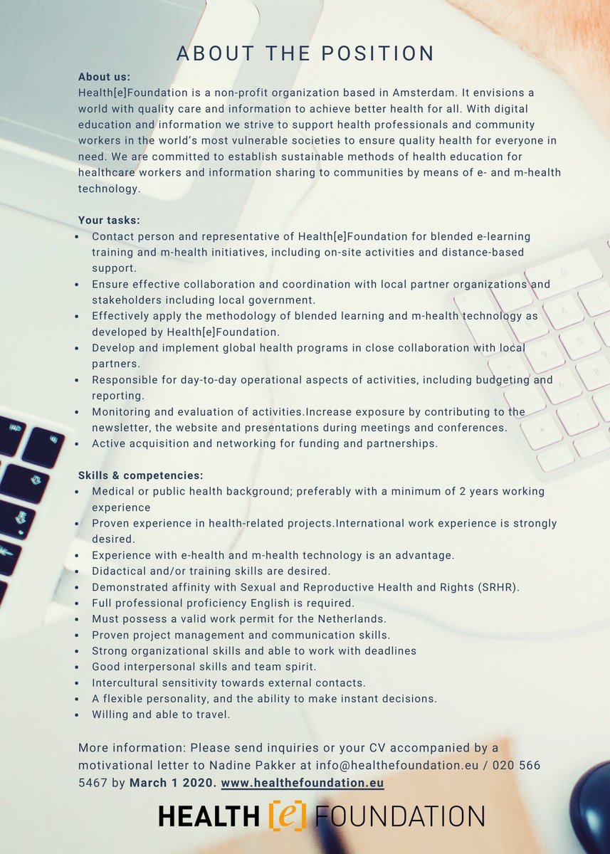 DeborahMaufi's tweet photo. We are hiring! Are you our new Project Manager? Apply before 1 March 2020 to join the Health[e]Foundation team . #projectmanager #healthcare #elearning #glabalhealth #recruiting #hiring #jobs #careers #nowhiring #jobsearch #wearehiring #joinourteam https://t.co/9BsnysPoIa