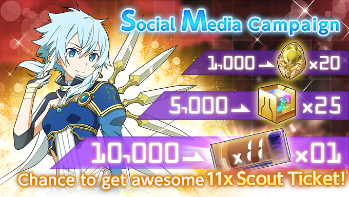 SAO_risingsteel's tweet photo. We're holding a Solus Sinon Social Media Campaign to celebrate her arrival!
If we hit our sharing goals across all SAOARS social media, all players will receive in-game items!

RT this tweet and get those rewards!

Event Period: 2/21/2020 6:30 - 2/26 6:59 (UTC)
#SAO #SAORS https://t.co/7PLjAFWqU0