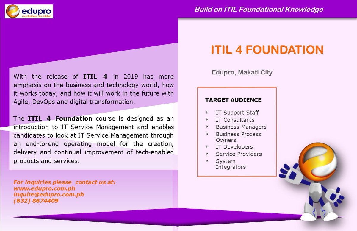 eduproinc's tweet photo. Join our ITIL 4 training and avail of this course at GREAT DISCOUNTS! 💯

For inquiries:
📧inquire@edupro.com.ph | 🌐https://t.co/Ik5QuWzCFE | ☎️(632) 8867-4409 https://t.co/maSbcmbt5Z