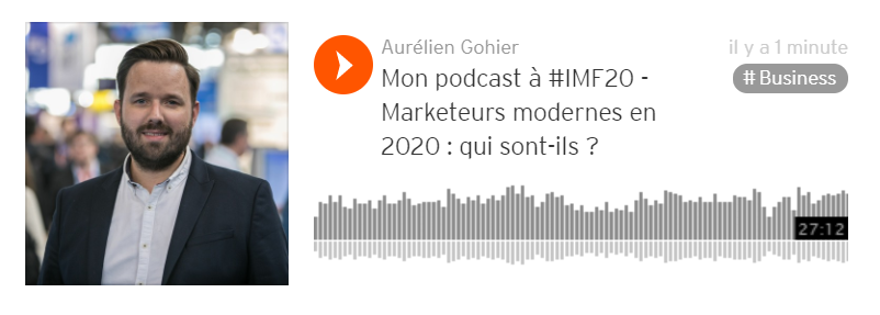 #PODCAST « Marketeurs modernes en 2020 : qui sont-ils ? » 🎧 J'ai profité d'#IMF20 pour déambuler dans les couloirs et trouver des réponses à ma question ! — feat. <a href="/Guy_mm/">Guy Mamou-Mani</a> <a href="/PPC/">PPC</a> <a href="/gregfromparis/">gregfromparis</a> <a href="/Sylswan/">Sylvie Lachkar</a> <a href="/ArnaudLeRoux/">LE ROUX Arnaud</a> <a href="/plaubignat/">Patrice Laubignat</a> <a href="/brunofridl/">Bruno Fridlansky </a> ➡️ soundcloud.com/aurelien-gohie… #marketing