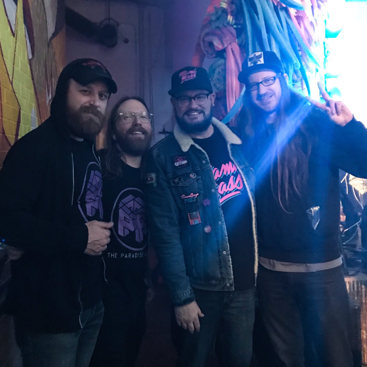 NorthInnsbruck's tweet photo. Chilling backstage with @paradise_arcade and @Galaxy1980s during the 12/14/19 @CanCanWonder show presented by @NitroWaveTC. 
#MNSynthwave #synthwave #retrowave #outrun #concert https://t.co/DpKYMmPYfO