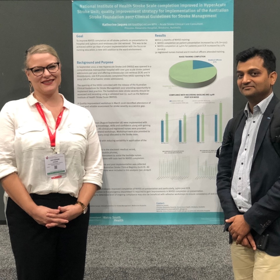 KateJaques1's tweet photo. Representing #PrincessAlexandraHospital and #Metrosouthhealth at #ISC2020. Showing quality improvement and collaboration with agencies like #floreyinstitute #strokefoundation #AUSCR are key to implementing best practise. rates of day1 NIHSS increased by 22% https://t.co/30v5jlOk8T