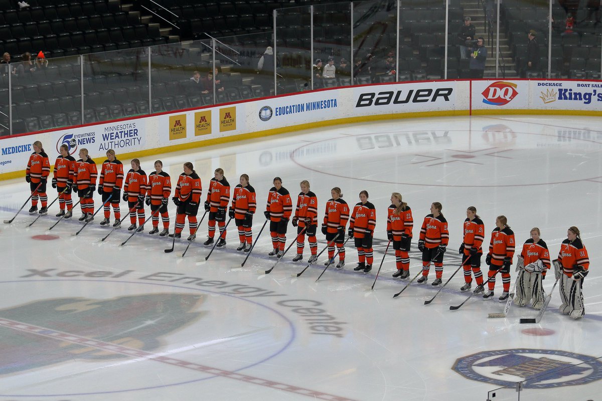 Tigers lined up after the team introductions prior to the start of their game against Andover. <a href="/FHSghockey_/">FHS Girls Hockey</a>