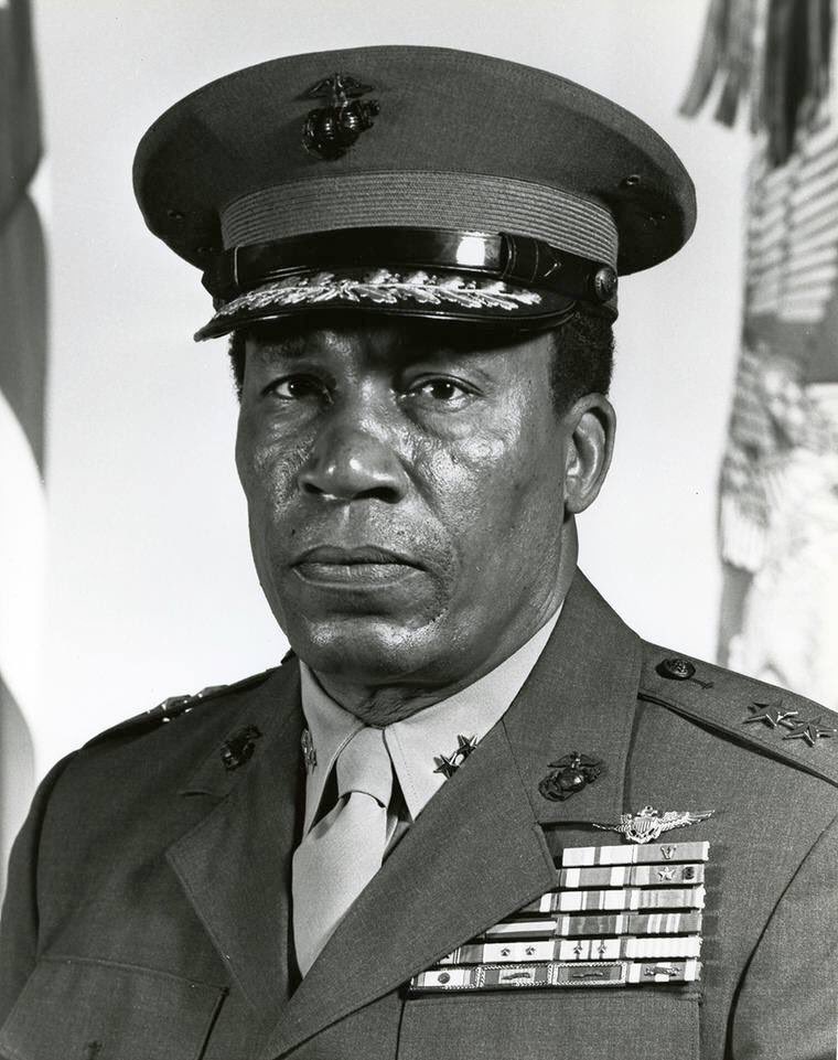 Lt. Gen. Frank Petersen Jr. was commissioned in the USMC in 1952 after serving 2 yrs in the US Navy. Petersen was the 1st Black Marine Corps aviator and the 1st Black Marine to be promoted to Brigadier General. Petersen retired as a Lieutenant General in 1988.