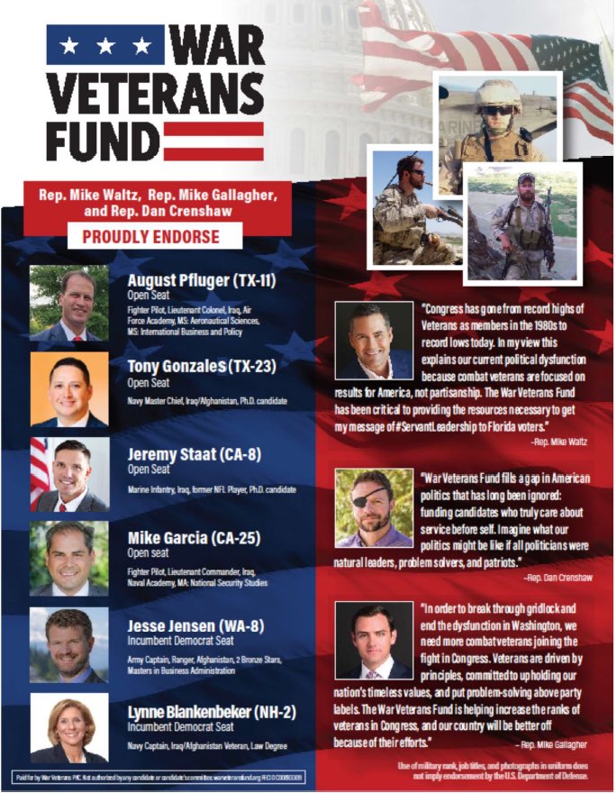 I’m pretty proud of this endorsement. <a href="/warveteransfund/">War Veterans Fund</a> <a href="/michaelgwaltz/">Ambassador Mike Waltz</a> <a href="/MikeforWI/">Mike Gallagher</a> <a href="/DanCrenshawTX/">Dan Crenshaw</a> <a href="/SaraGonzalesTX/">Sara Gonzales</a> <a href="/AugustPfluger/">August Pfluger</a> <a href="/BlankenbekerNH/">Lynne Blankenbeker</a> @JesseJensen2020 @MikeGarcia2020 <a href="/TonyGonzales4TX/">Tony Gonzales</a> <a href="/realDonaldTrump/">Donald J. Trump</a>