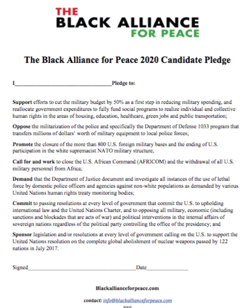 #DCWard8 City Council candidate @Sanderson4Ward8 bold enough to make @Blacks4Peace pledge confronting US global and domestic militarism against Black and Brown working class communities. Other candidates and incumbents must be as bold.
#ShutDownAFRICOM #No1033 
#peopleb4profit