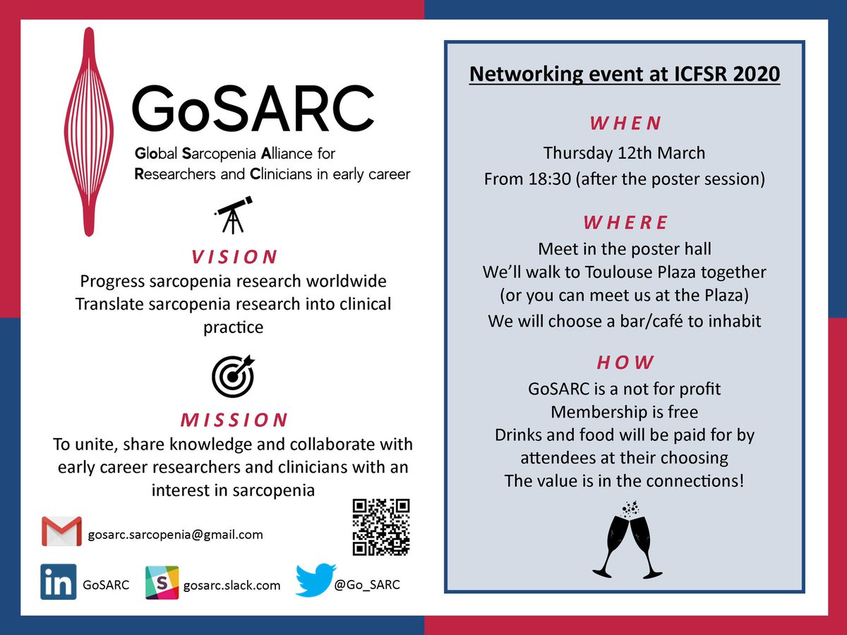 Go_SARC's tweet image. GoSARC goes international! For all early career researchers and clinicians with an interest in #sarcopenia: please join us for networking drinks on Thursday 12 March at the ICFSR 2020 conference in Toulouse! See our flyer for details. We hope to see you there! @ICFSRcongress