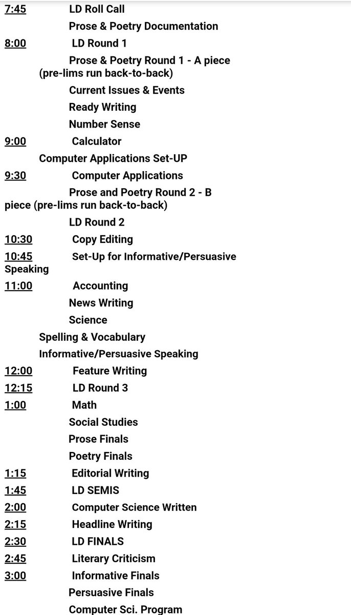 Schedule for this Saturday remember to be at the high school by 6am for the bus.