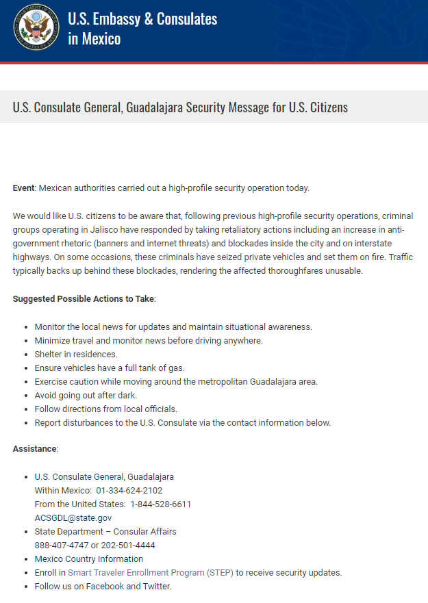 CCFirenIncident's tweet photo. #USConsulate General, #Guadalajara #SecurityMessage for #USCitizens https://t.co/RSUPVOf7X5 , https://t.co/hyqyoR60S2 https://t.co/zxiiNHKJTR