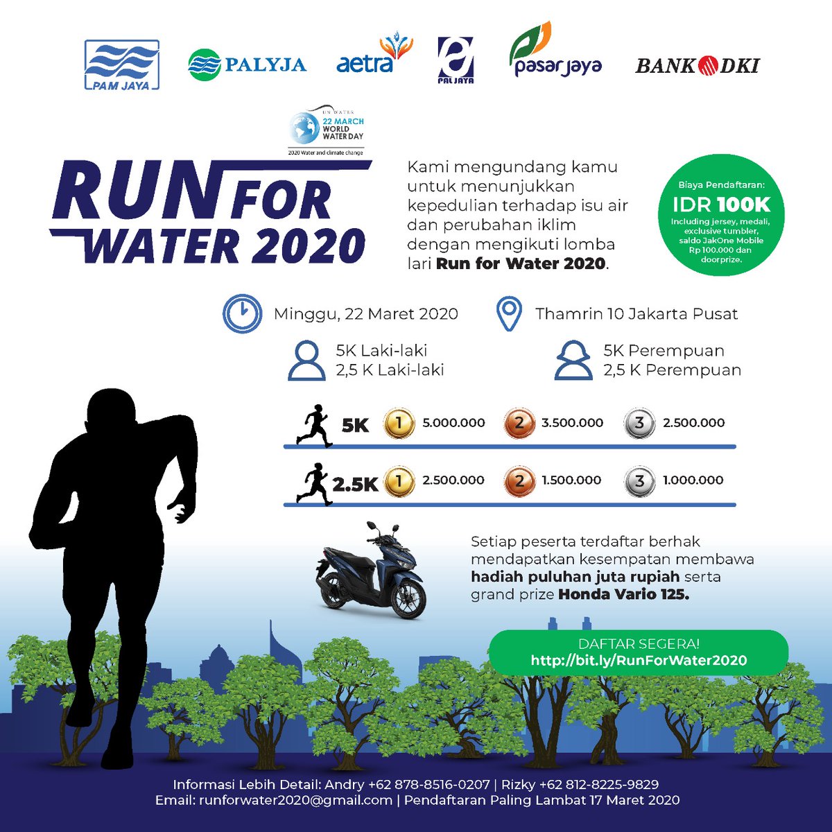 infocarfreeday_'s tweet photo. RUN FOR WATER 2020 Open Registration, Minggu (22/03)
Lokasi : Thamrin 10 Jakarta Pusat
Kategori : 2.5 K & 5 K
Biaya : IDR 100 K
#eventrun2020
#runforwater2020
#funrun
#worldwaterday
#eventcarfreeday
#CFDRun2020
#CFDJakarta
#infocarfreeday
#HBKB https://t.co/CtUHno4D2E